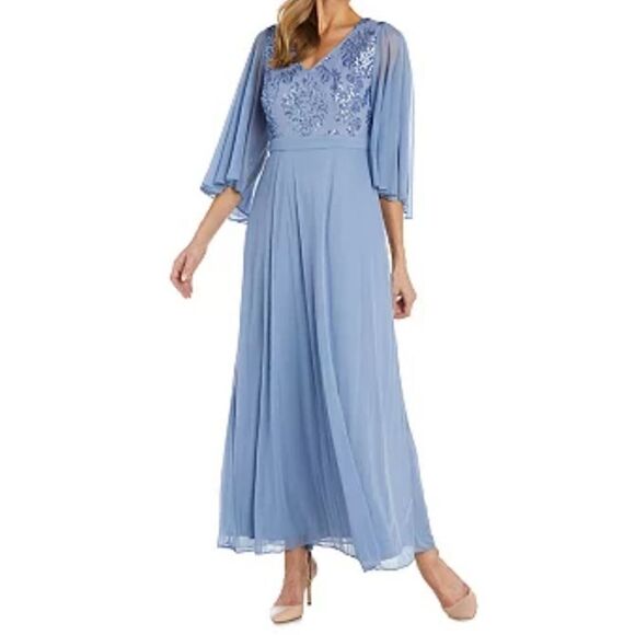 Women's R&M Richards Embroidered Sequin Bodice Dress with Cape Sleeves, fits 6-8 - Picture 2 of 8